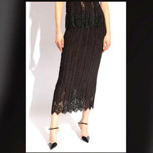 ALEXANDER BROWN Y2K Black Satin Pleat Maxi Slip Skirt Crochet Lace Trim OS
